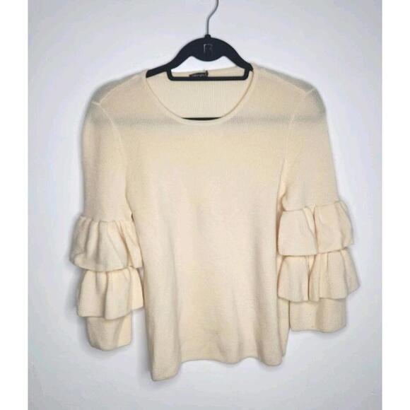J. McLAUGHLIN Natural Italian Merino Wool Ribbed Ruffle Sleeve Sweater Womens S - Picture 2 of 7